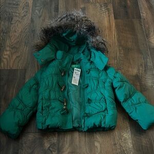 United Colors Of Benetton Green Puffer Jacket with Faux Fur Hood sz XXS 3-4